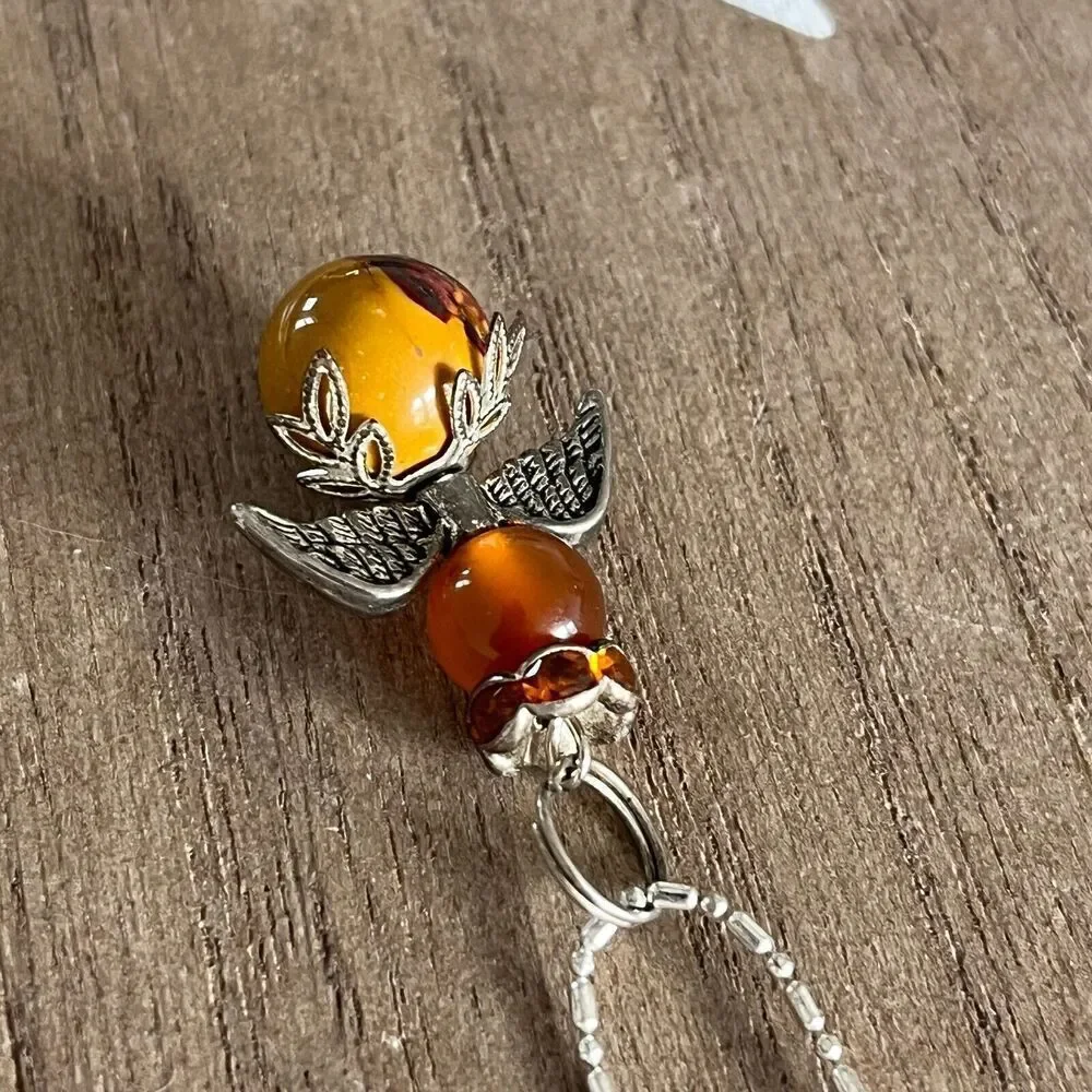 Angel Bead Charm Necklace 17in Silver Tone Ball & Bar Chain Amber Color